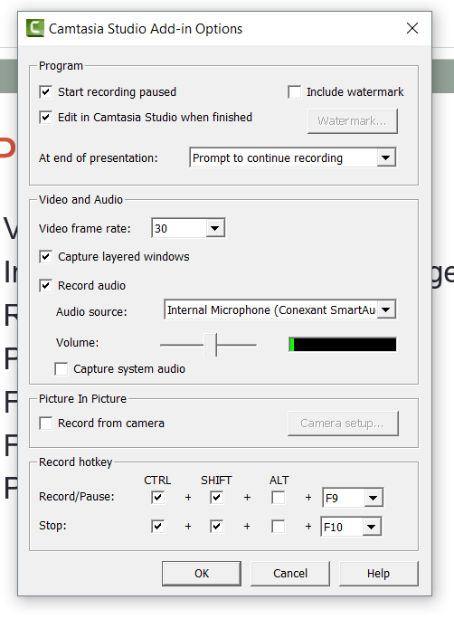 Camtasia settings