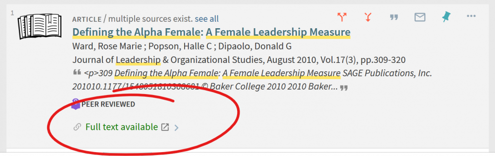 Search results page - full text available link circled for emphasis